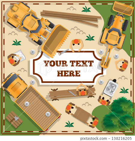 Workers attach labels. View from above. Vector illustration. 138216205