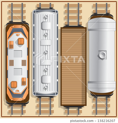 Railway locomotive and wagons. View from above. Vector illustration. 138216207