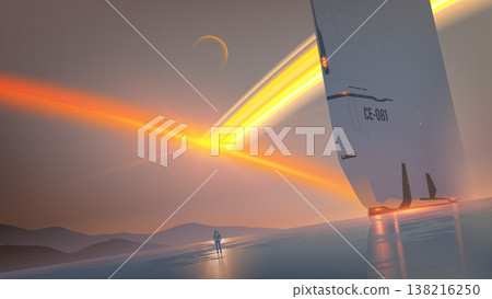 Futuristic sci-fi vector landscape of an explorer looking at a massive monolithic structure and glowing planetary rings. 138216250