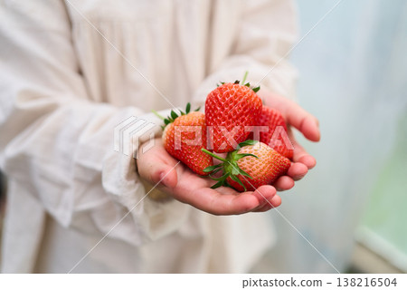 一個孩子手裡拿著草莓 一個孩子手裡拿著草莓 138216504