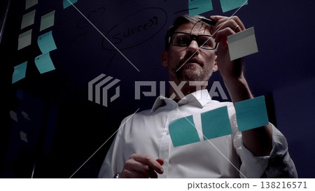 Mature businessman brainstorming for success, developing strategy on a transparent glass wall with sticky notes and marker, planning new business goals in a dark office 138216571