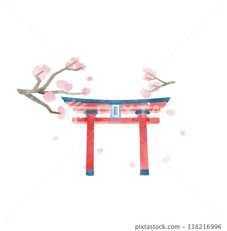 櫻花和鳥居的水彩插圖 138216996