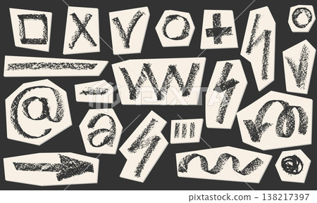 Charcoal pencil hand drawing check box with marks v, x, plus shapes. Black elements on white. Grunge chalk crayon scribbles doodles textures loading rectangle Rough crayon strokes. Vector illustration 138217397