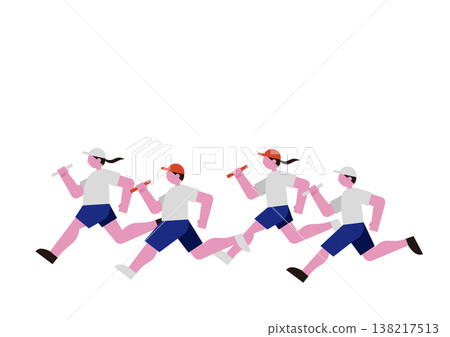 A set of vector illustrations of people competing in a relay race at a school sports day. 138217513
