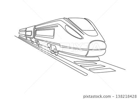 Continuous one line drawing high speed aerodynamic train traveling on rail track. Advance railway technology, intercity transit, rapid urban travel. Single line draw design vector graphic illustration Continuous one line drawing high speed aerodynamic train traveling on rail track. Advance railway technology, intercity transit, rapid urban travel. Single line draw design vector graphic illustration 138218428