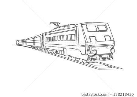 Continuous one line drawing electric passenger train with locomotive and carriages on rail track. Intercity travel, public transit, rail transport. Single line draw design vector graphic illustration Continuous one line drawing electric passenger train with locomotive and carriages on rail track. Intercity travel, public transit, rail transport. Single line draw design vector graphic illustration 138218430