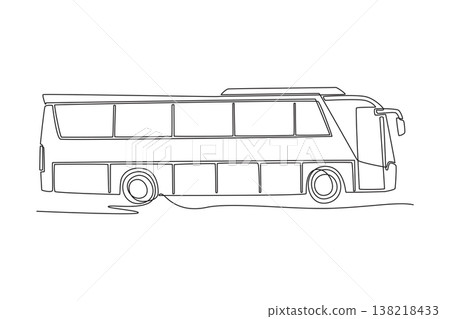 Continuous one line drawing side profile of commercial tour bus for group travel, public transit. Automotive mobility, road trips, urban transport. Single line draw design vector graphic illustration 138218433