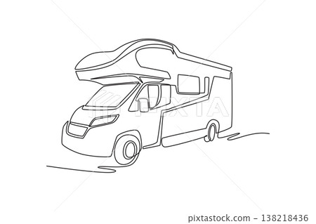 Single continuous line drawing a modern recreational vehicle. Aerodynamic over-cab bunk. Mobile living, high-end camping, and long-distance road trips. One line draw graphic design vector illustration Single continuous line drawing a modern recreational vehicle. Aerodynamic over-cab bunk. Mobile living, high-end camping, and long-distance road trips. One line draw graphic design vector illustration 138218436