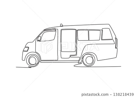 Single continuous line drawing a commercial passenger minibus or shuttle van, public transit, school transportation. Boxy shape and passenger windows. One line draw graphic design vector illustration Single continuous line drawing a commercial passenger minibus or shuttle van, public transit, school transportation. Boxy shape and passenger windows. One line draw graphic design vector illustration 138218439