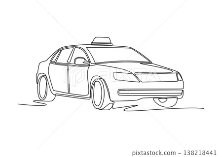 Single continuous line drawing modern city taxi sedan for urban passenger transport and public commuting service. Automotive transit, travel, mobility. One line draw graphic design vector illustration Single continuous line drawing modern city taxi sedan for urban passenger transport and public commuting service. Automotive transit, travel, mobility. One line draw graphic design vector illustration 138218441