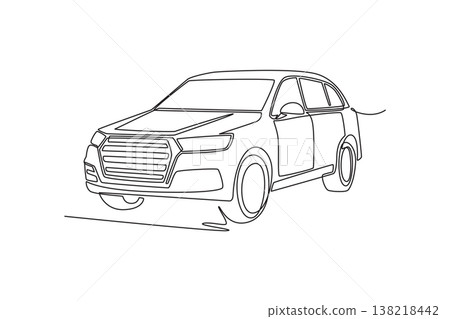 Single continuous line drawing modern luxury SUV from a front perspective. Automotive engineering, family road trips, and upscale urban transportation. One line draw graphic design vector illustration Single continuous line drawing modern luxury SUV from a front perspective. Automotive engineering, family road trips, and upscale urban transportation. One line draw graphic design vector illustration 138218442