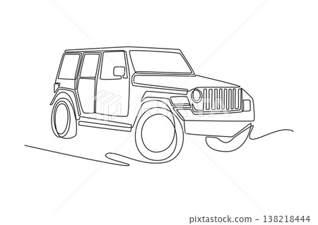 Single one line drawing rugged off-road SUV or 4x4 vehicle for outdoor adventure, exploration. Automotive strength, mountain travel, road trips. Continuous line draw design graphic vector illustration Single one line drawing rugged off-road SUV or 4x4 vehicle for outdoor adventure, exploration. Automotive strength, mountain travel, road trips. Continuous line draw design graphic vector illustration 138218444
