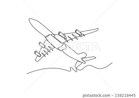 Single one line drawing commercial passenger airplane soaring through the sky. Global travel, aviation industry, international vacation trips. Continuous line draw design graphic vector illustration Single one line drawing commercial passenger airplane soaring through the sky. Global travel, aviation industry, international vacation trips. Continuous line draw design graphic vector illustration 138218445