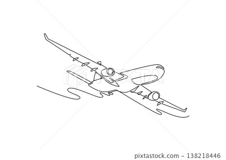 Single one line drawing a twin-engine commercial jet aircraft flying through the sky. Modern aviation, rapid transport, and global air travel. Continuous line draw design graphic vector illustration 138218446