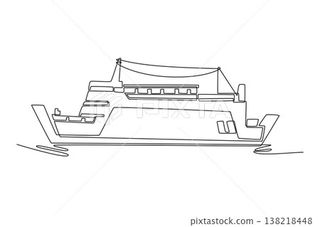 Single one line drawing commercial passenger ferry or transport ship with multi-deck. Public transit by sea, maritime commuting, coastal travel. Continuous line draw design graphic vector illustration 138218448