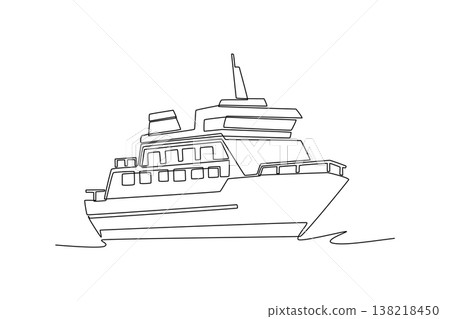 Single one line drawing a large passenger cruise ship navigating through gentle waves. Maritime travel, luxury vacations, and ocean exploration. Continuous line draw design graphic vector illustration Single one line drawing a large passenger cruise ship navigating through gentle waves. Maritime travel, luxury vacations, and ocean exploration. Continuous line draw design graphic vector illustration 138218450