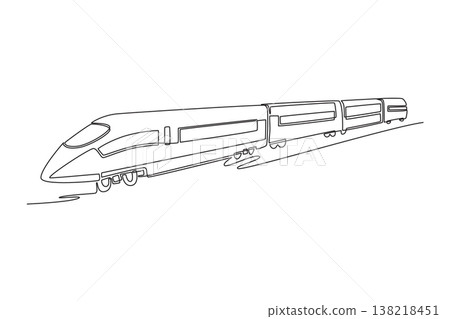 Continuous one line drawing high speed bullet train traveling on tracks. Modern rail technology, rapid intercity transport, efficient global travel. Single line draw design vector graphic illustration Continuous one line drawing high speed bullet train traveling on tracks. Modern rail technology, rapid intercity transport, efficient global travel. Single line draw design vector graphic illustration 138218451