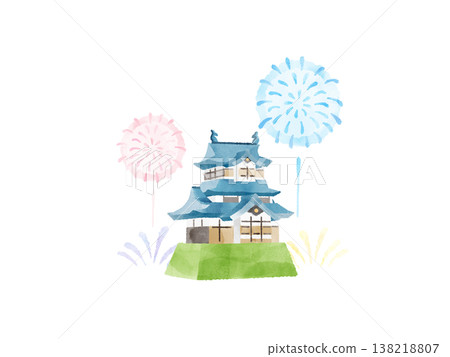 Castle, fireworks, watercolor illustration, cute, stylized, summer, summer festival, sightseeing, materials Castle, fireworks, watercolor illustration, cute, stylized, summer, summer festival, sightseeing, materials 138218807