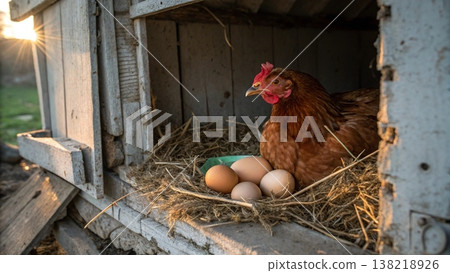 A Hen Caring for Her Freshly Laid Eggs in a Rustic Coop A Hen Caring for Her Freshly Laid Eggs in a Rustic Coop 138218926