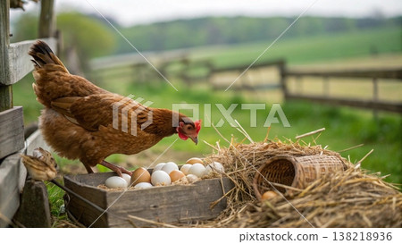 A Hen Caring for Her Freshly Laid Eggs in a Rustic Coop A Hen Caring for Her Freshly Laid Eggs in a Rustic Coop 138218936