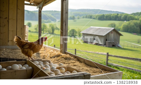 A Hen Caring for Her Freshly Laid Eggs in a Rustic Coop A Hen Caring for Her Freshly Laid Eggs in a Rustic Coop 138218938