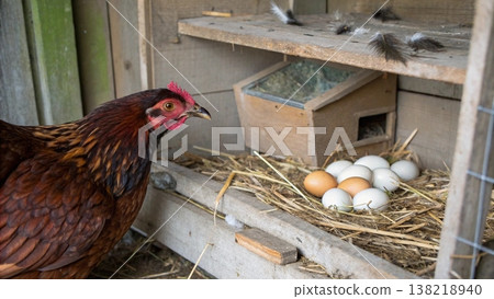 A Hen Caring for Her Freshly Laid Eggs in a Rustic Coop A Hen Caring for Her Freshly Laid Eggs in a Rustic Coop 138218940