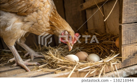 A Hen Caring for Her Freshly Laid Eggs in a Rustic Coop 138218944