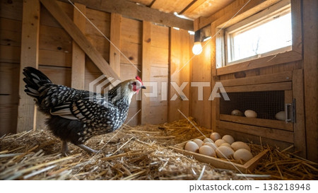 A Hen Caring for Her Freshly Laid Eggs in a Rustic Coop 138218948