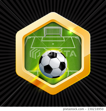 Premium Soccer Gold Medal Badge with Football Field and Goal Icon 138218950