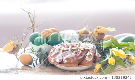 Still life with Easter cake and colored eggs Still life with Easter cake and colored eggs 138219242