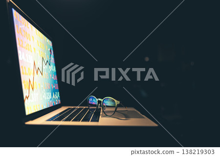 Stock market graph, financial data on an electronic board on a laptop screen. Stock market graph, financial data on an electronic board on a laptop screen. 138219303