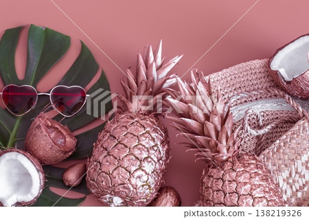 Summer tropical background with pineapple and summer accessories 138219326