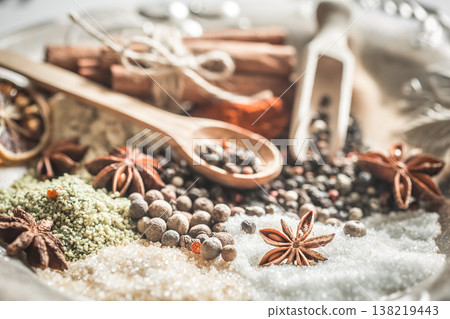 A variety of Oriental spices closeup A variety of Oriental spices closeup 138219443