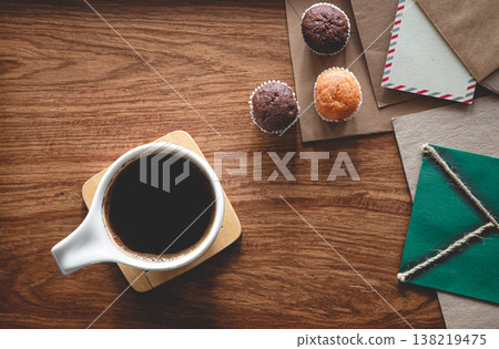 Vintage composition with envelopes on wooden background, flat lay. Vintage composition with envelopes on wooden background, flat lay. 138219475