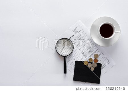 Visa application form, documents and a cup of coffee on a white background. 138219640