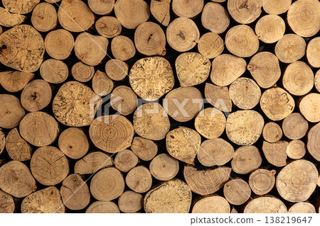 Wall of stacked wooden logs as background. Wall of stacked wooden logs as background. 138219647