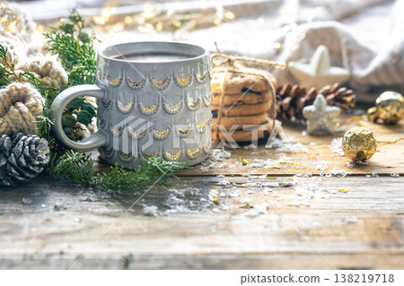 Winter composition with a cup of cocoa, cookies and decorative details. 138219718