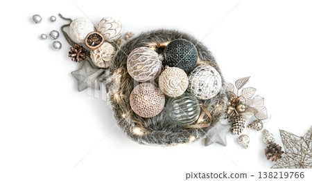 Winter composition with elements of christmas decor and christmas balls top view. Winter composition with elements of christmas decor and christmas balls top view. 138219766