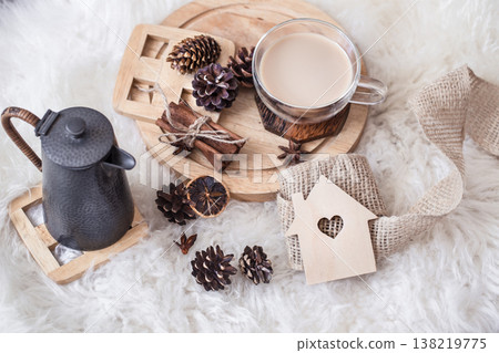 winter still life with cones and hot drink winter still life with cones and hot drink 138219775