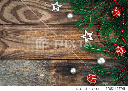 Wooden Christmas background with decor details, flat lay. Wooden Christmas background with decor details, flat lay. 138219796