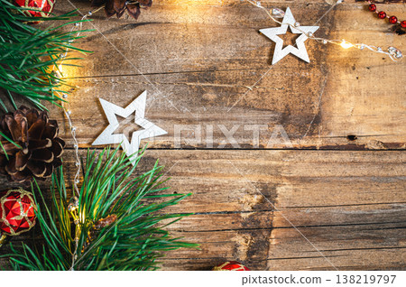 Wooden Christmas background with decor details, flat lay. Wooden Christmas background with decor details, flat lay. 138219797