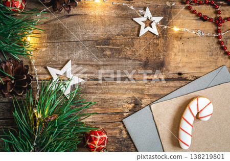 Wooden Christmas background with decor details, flat lay. 138219801