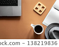 Workplace, flat lay minimalist composition with laptop and coffee cup. 138219836