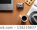 Workplace, flat lay minimalist composition with laptop and coffee cup. 138219837