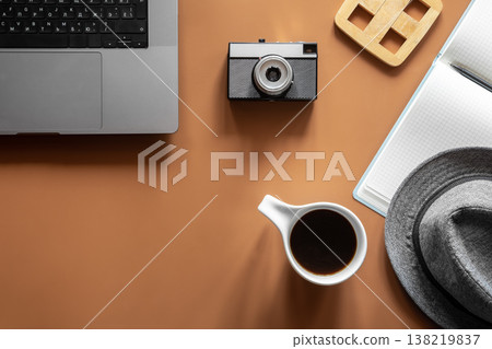 Workplace, flat lay minimalist composition with laptop and coffee cup. Workplace, flat lay minimalist composition with laptop and coffee cup. 138219837