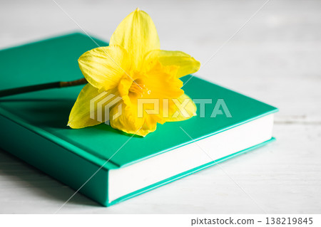 Yellow flower and book on a blurred white background, close-up. Yellow flower and book on a blurred white background, close-up. 138219845