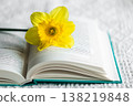 Yellow narcissus flower and open green book, close-up. 138219848