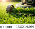 Close up mowing a lawn with a lawn mower 138219869