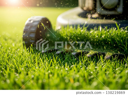 Close up mowing a lawn with a lawn mower Close up mowing a lawn with a lawn mower 138219869