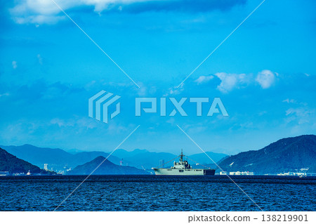 Transport ship Shimokita 4 anchored off the coast of Kure Port, Kure City, Hiroshima Prefecture 138219901